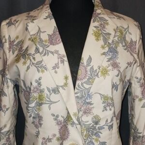 LOFT NWOT‎ Floral Print Blazer lined Jacket  White Pink Blue Yellow Button 8